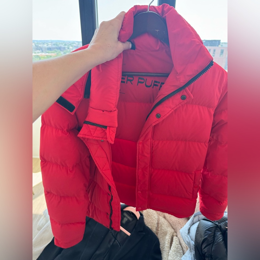Red puffer Jacket - has a detachable hood